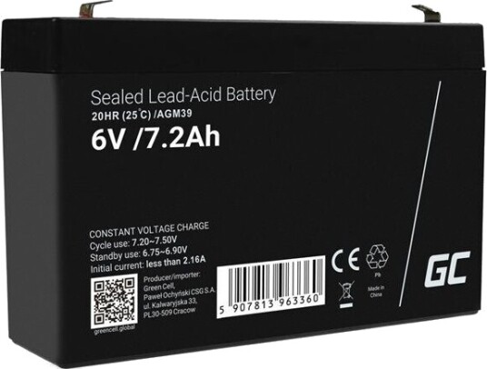 Green Cell 6V AGM39 Blysyrebatteri 7.2 Ah - Vedlikeholdsfritt Svart