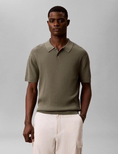 Calvin Klein Ss Lightweight Pattern Polo Swtr   Khaki green   XXL