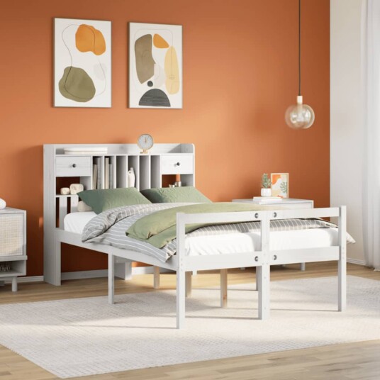  Seng med bokhylle uten madrass hvit 135x190 cm heltre furu 8721158608338