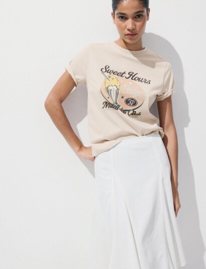 Mango Printed Cotton Blend T Shirt Beige M