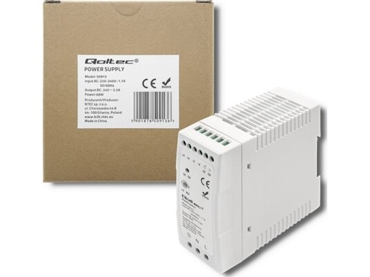 Qoltec Din-Skinne Strømforsyning | 60W | 24V | 2,5A | Hvit | Slank Qoltec Din-Skinne Strømforsyning | 60W | 24V | 2,5A | Hvit | Slank