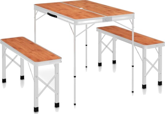 Sammenleggbart campingbord med 2 benker aluminium brun Brun