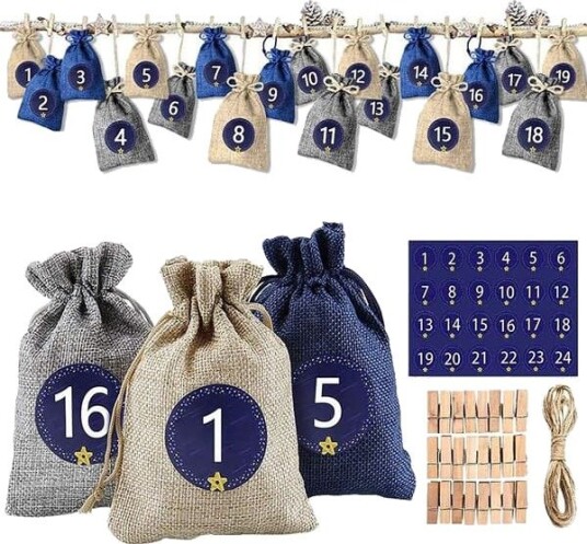 DIY Jute Advent Kalenderposer, 24 Etiketter, Julehåndverkskalender