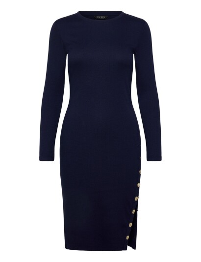 Lauren Ralph Lauren Button Trim Ribbed Cotton Blend Dress Navy XS