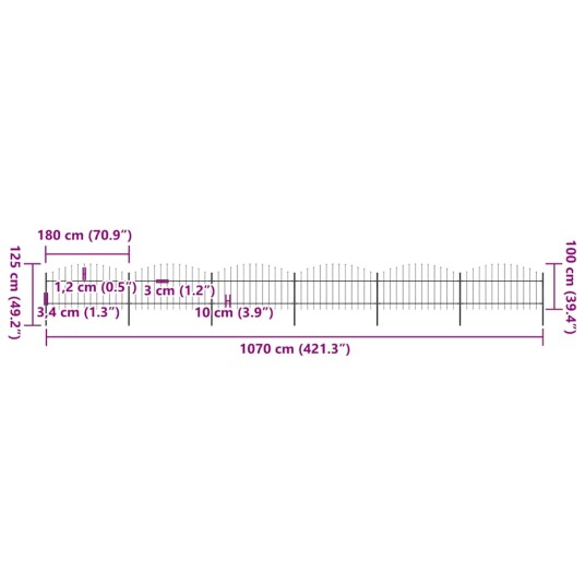 vidaXL Hagegjerde med spydtopp stål 1 1,25x10,2 m svart