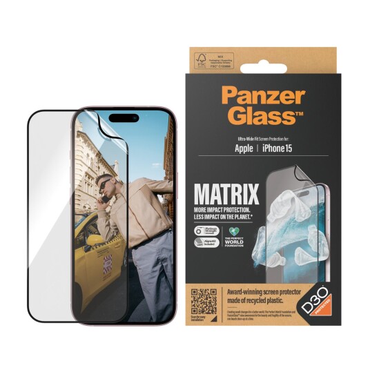 PanzerGlass Matrix Skjermbeskytter for iPhone 15 med D3O og Anti-fingeravtrykk