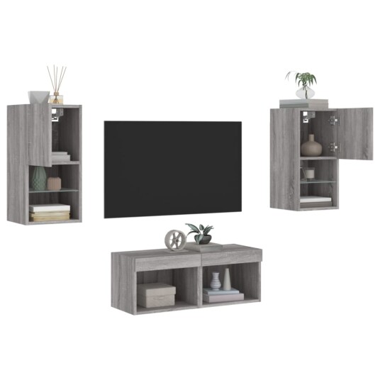vidaXL Vegghengte TV-benker med LED 4 stk grå sonoma 8721012469891 vidaXL Vegghengte TV-benker med LED 4 stk grå sonoma 8721012469891