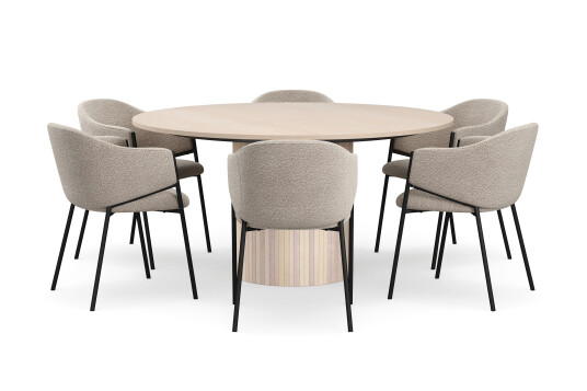 Bark Kopparbo Rundt Spisebord 150 cm med 6 Filip Spisestoler Hvit / Taupe Bouclé