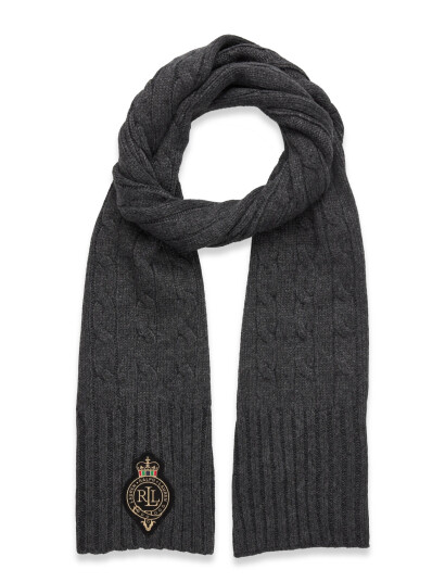 Lauren Ralph Lauren Crest Patch Cable Knit Scarf Grey Lauren Ralph Lauren Crest Patch Cable Knit Scarf Grey