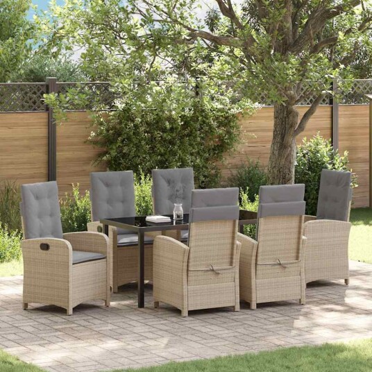 7-delt hage spisebordsett med puter beige poly rattan.