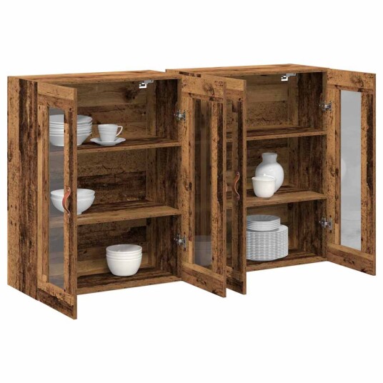 Vegghengte skap 2 stk i gammelt treverk 69.5 x 34 x 90 cm. Ingeniørtre.