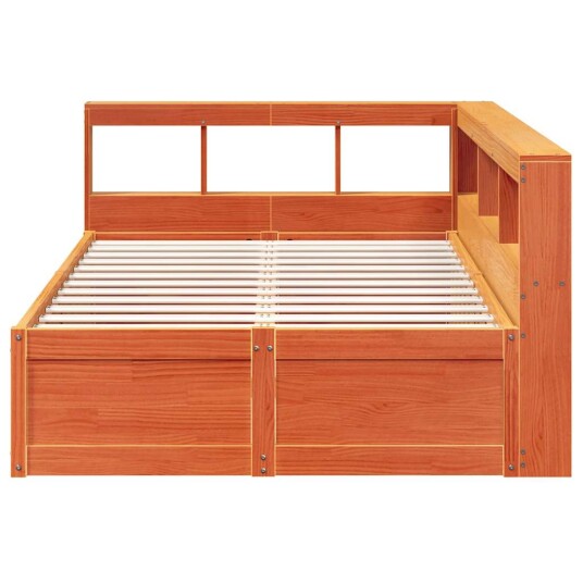Seng med bokhylle uten madrass voksbrun 120x200 cm heltre furu