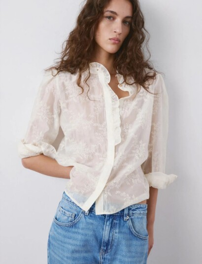 Mango Lyocell Blouse With Floral Embroidery Cream S