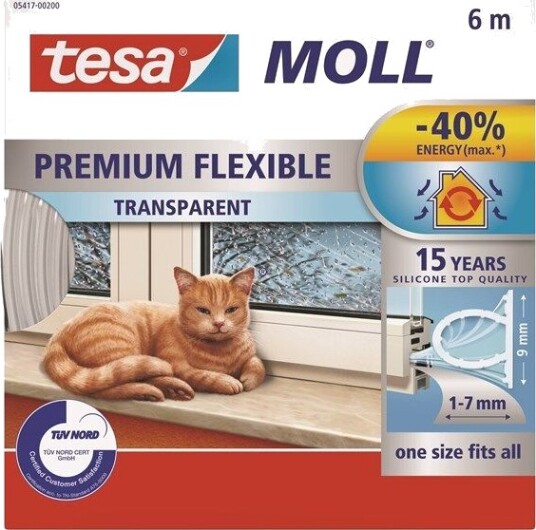 tesa moll Premium Flexible Silicone Sealing Tape 6m x 9mm x 7mm Transparent tesa moll Premium Flexible Silicone Sealing Tape 6m x 9mm x 7mm Transparent