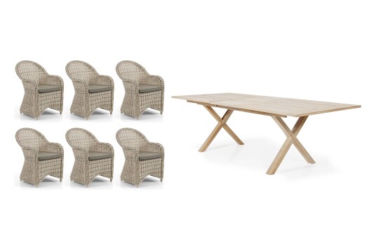 Brafab Paulina & Brutus spisegruppe Beige med beige pute 6 lenestoler & bord 200 265x100 cm