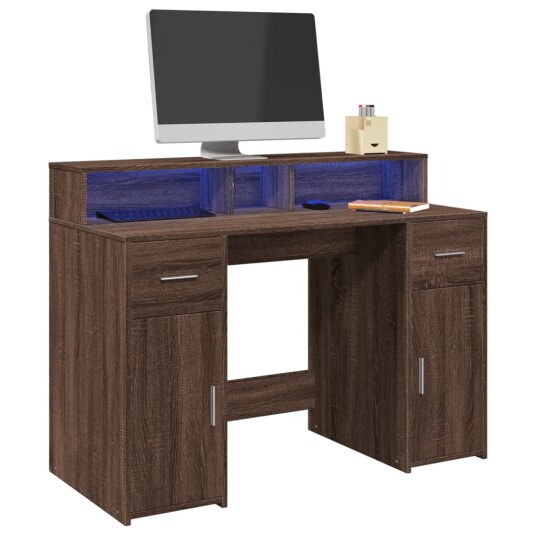  Skrivebord med LED-lys brun eik 120x55x91 cm konstruert tre