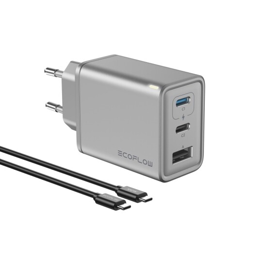 EcoFlow 65W GaN Hurtiglader med 3 porter og 100W USB-C kabel EcoFlow 65W GaN Hurtiglader med 3 porter og 100W USB-C kabel