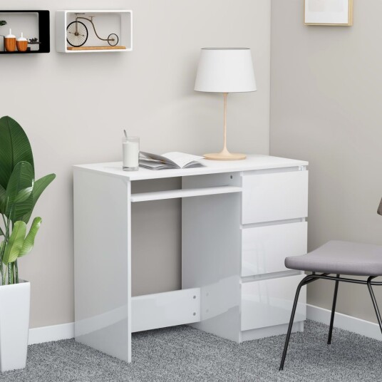vidaXL Skrivebord høyglans hvit 90x45x76 cm sponplate