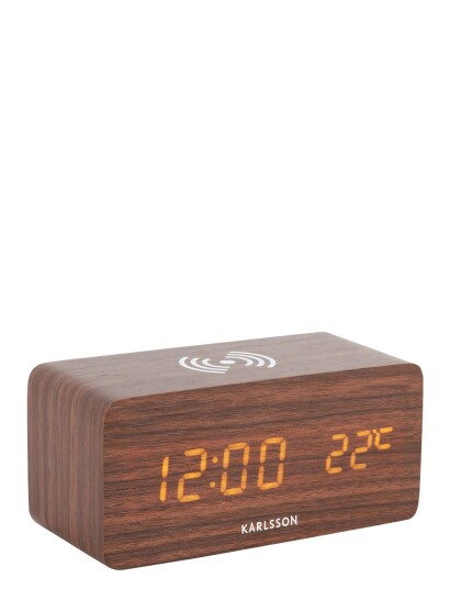 KARLSSON Alarm Clock Block W. Phone Charger Led Dark Wood Veneer White Led Brown W7.1CM