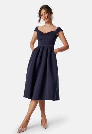 Goddiva Sweetheart Bardot Midi Dress Navy XS UK8