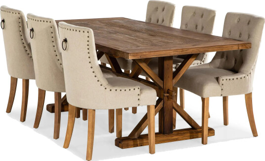 Lyon Spisegruppe 200 cm + 6 Stoler Uttrekkbart Spisebord med Tilleggsplate - Brunt Tre / Natur Beige