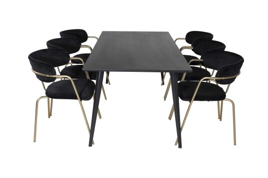 Venture Design Dipp & Arrow spisegruppe Svart/svart 6 st stoler & bord 180 x 90 cm