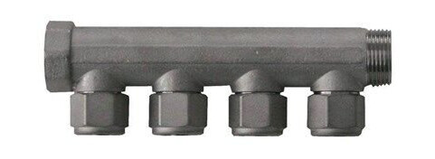 Tea Belagt Messingfordelerrør ¾" Med Fast Muffe & 4 Afgreninger Til 15Mm Pex. ½" Afgreninger Monteret M Omløber. C/C 35