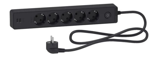 Schneider Electric Grenuttak med bryter og USB-uttak 5-veis Svart Schneider Electric Grenuttak med bryter og USB-uttak 5-veis Svart