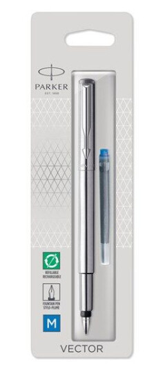 Parker Vector Fountain Pen  Stainless Steel with Chrome Trim  Medium Nib  Blå Ink  Hangtab