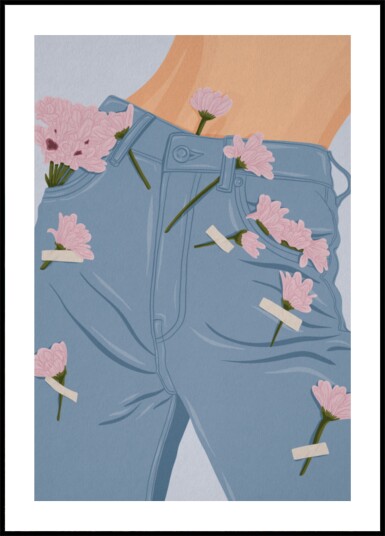 Pink Flowers on Jeans Plakat / 100x150