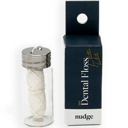 Bærekraftig tanntråd NUDGE Pure Silk 30m i glassdispenser