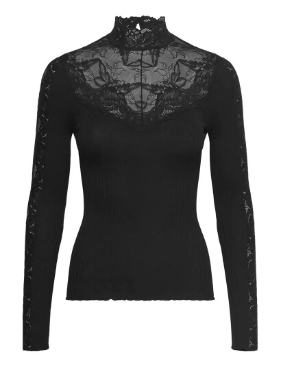 Rosemunde Rwbeatha Silk Ls Lace T-Neck T-Shir - Black - XS Rosemunde Rwbeatha Silk Ls Lace T-Neck T-Shir - Black - XS
