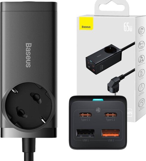 Baseus GaN3 Pro 65W Strømskinne med 2xUSB-A og 2xUSB-C Svart
