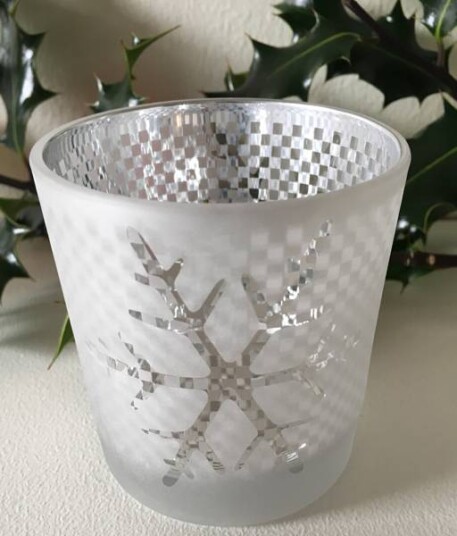 Telysglass sølvrutet med snøstjerne motiv