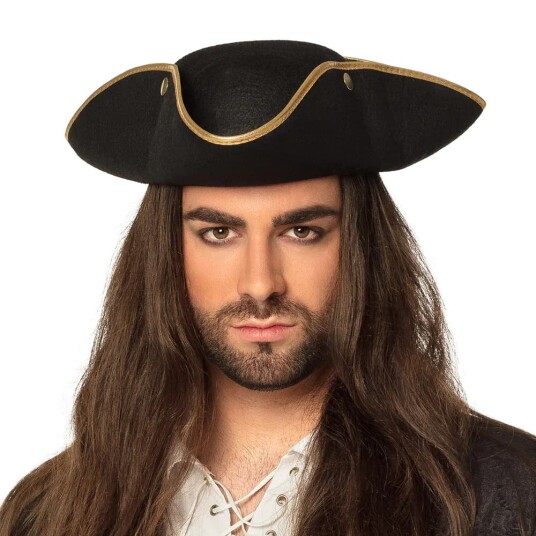 Svart Tricorn Pirathatt med Gullfarget Kant