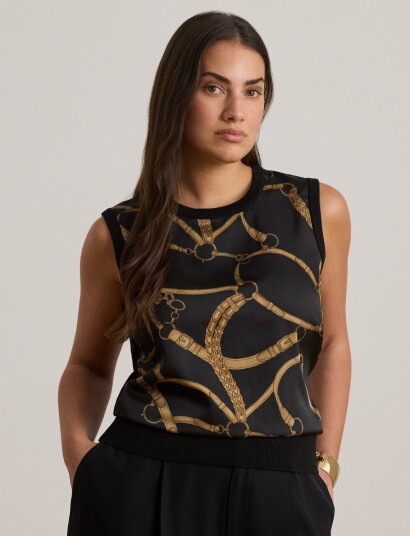 Lauren Ralph Lauren Belting Print Sleeveless Sweater Black M