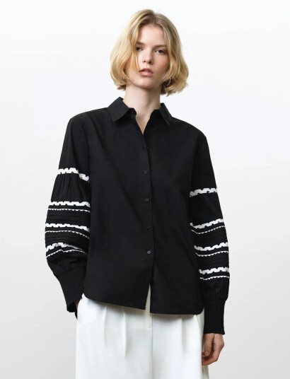 French Connection Cambria Cotton Ric Rac Shirt   Black   XL