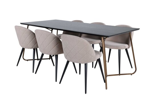 Venture Design Petra & Velvet spisegruppe Beige/svart 6 stoler & bord 190 x 90 cm