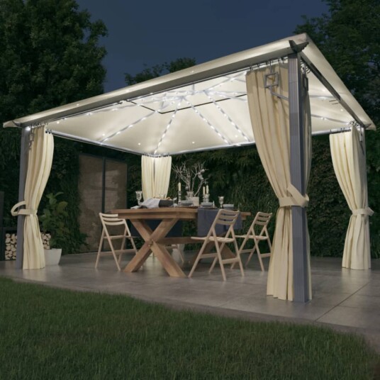 vidaXL Paviljong med gardin og LED-strenglys 4x3 m krem aluminium vidaXL Paviljong med gardin og LED-strenglys 4x3 m krem aluminium