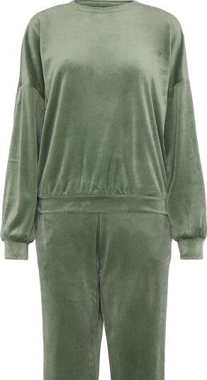 Hunkemöller Pj Ls Velours Crew DARK OLIVE XS