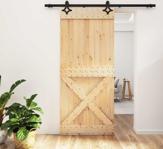Skyvedør Naturlig og svart 90 x 210 cm Massiv Furu Tre Skyvedør Naturlig og svart 90 x 210 cm Massiv Furu Tre