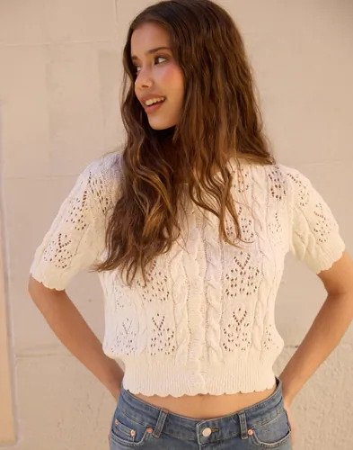 Nelly - Hvit - Short Sleeve Pointelle Knit Top