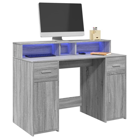 Skrivebord med LED-lys grå sonoma 120x55x91 cm konstruert tre