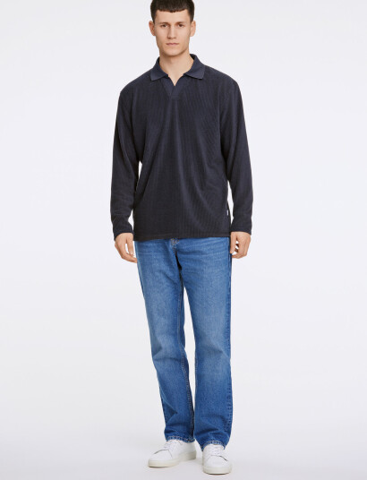 Lindbergh V-Neck Jacquard Polo L/S - Navy - M
