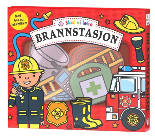 Brannstasjon. Skal vi leke. Med bok og lekebrikker