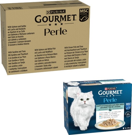 Gourmet Våtfôr Purina Perle + Møre Biter Fra Havet I Saus På Kjøpet Fiskeutvalg I Saus 96 X 85 G 12 X 85 G