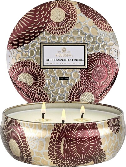 Voluspa Gilt Pomander & HInOKI  3 Veker Candle In Decorative Tin 40H