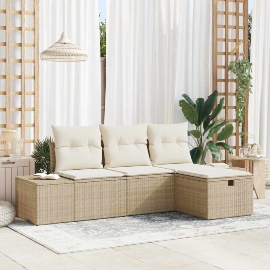 4-delt hage-sofa sett med puter Beige Polyrotting