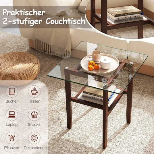 61 cm langt og bredt sidebord i glass 2 lags glassbord med oppbevaringsplass brun
