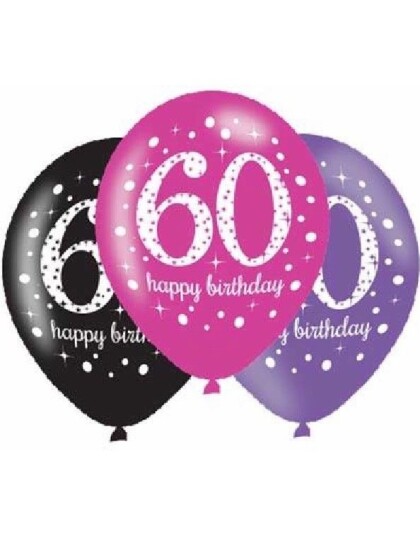 Amscan 60 Års Dagen 6 stk Svart Rosa og Lilla Ballonger 27,5 cm 9900879